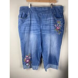 NWT Alfred Dunner Flower Power Embroidered Allure Capri Jeans Women 20W Stretch